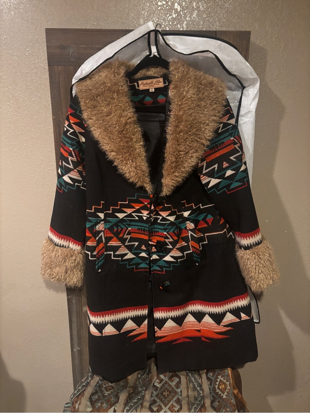 Panhandle Slim Black Aztec Trench Coat with Tan Faux-Fur Trim